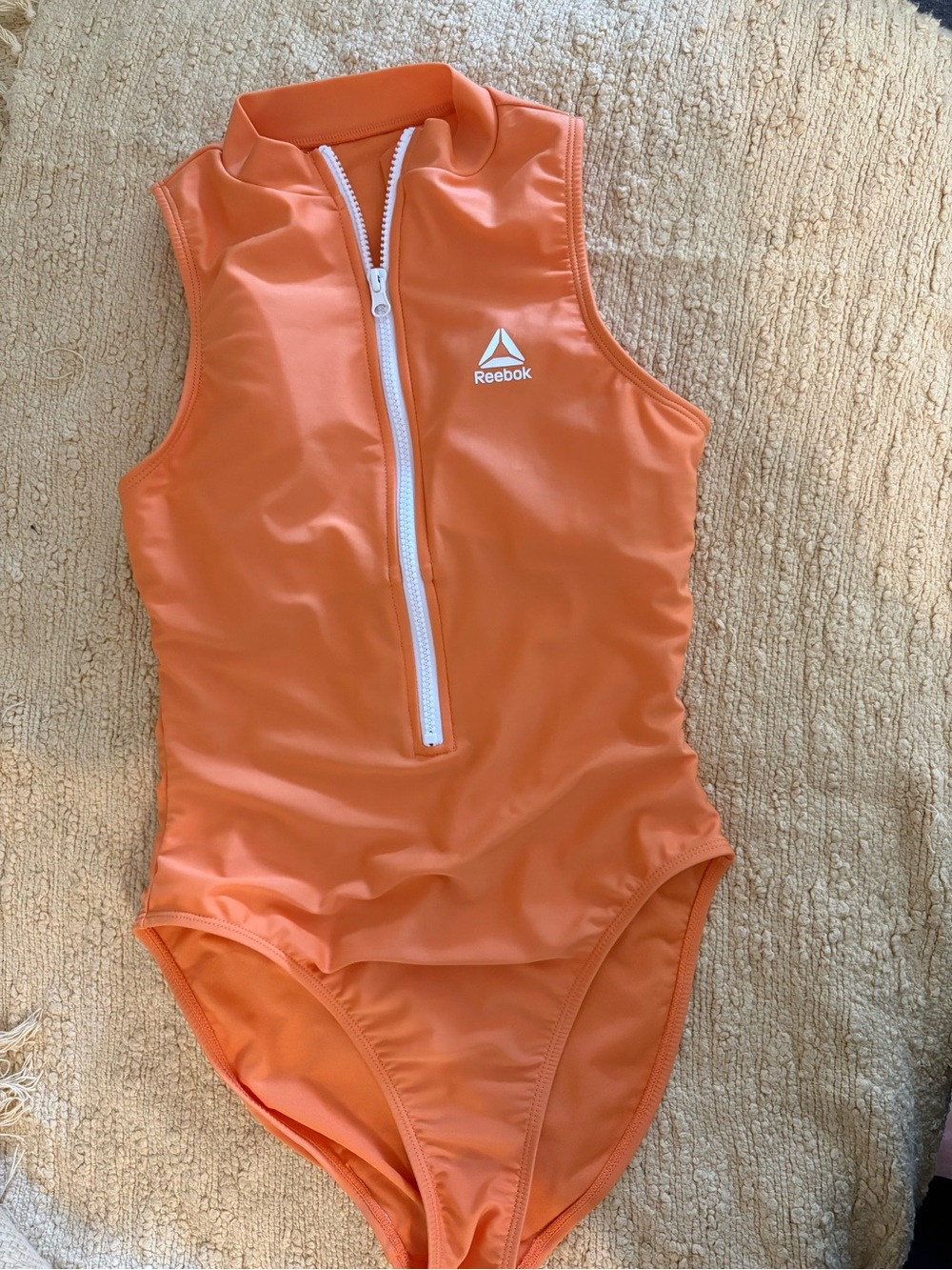 Reebok Womens Orange Sleeveless Front-Zip One-Piece Swim